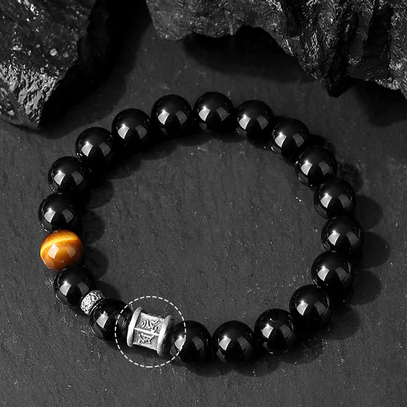 Pulsera de obsidiana negra con ojo de tigre y piedras de Buda en plata de ley 999 con el símbolo del Om Mani Padme Hum 