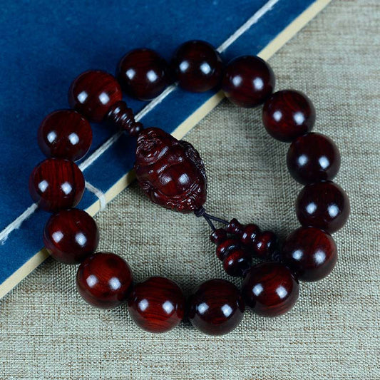 Pulsera de Buda sonriente, Dios de la Riqueza, con pequeñas hojas de sándalo rojo y piedras de Buda