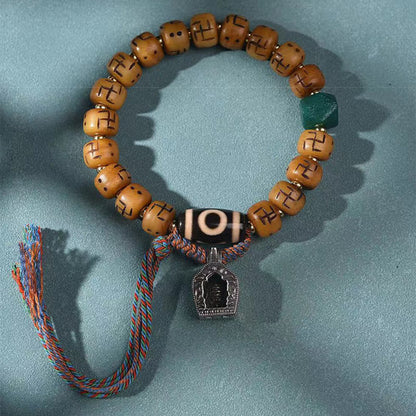 Buddha-Steine, natürliches tibetisches Kamelknochen-Hakenkreuz-Dzi-Perlen-Shankha-Buddha-Charm, Kirtimukha-Glücksschutz-Quastenarmband