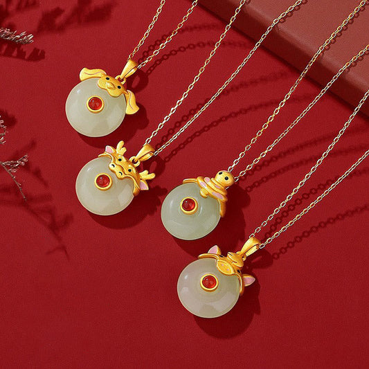 Collar con colgante de ágata roja y jade hetiano de Buda en plata de ley 925 con protección de la suerte del año del dragón y el zodiaco chino. 