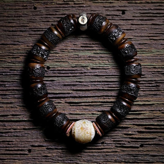 Pulsera de plata de ley 925 con piedras de Buda, hecha a mano, con el zodíaco chino, hueso de yak del Tíbet.