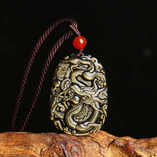 Collar con colgante de éxito con diseño de dragón de obsidiana con brillo dorado y piedras de Buda