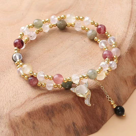 Pulsera de doble vuelta con protección de zorro y cuarzo rutilado multicolor de Buddha Stones