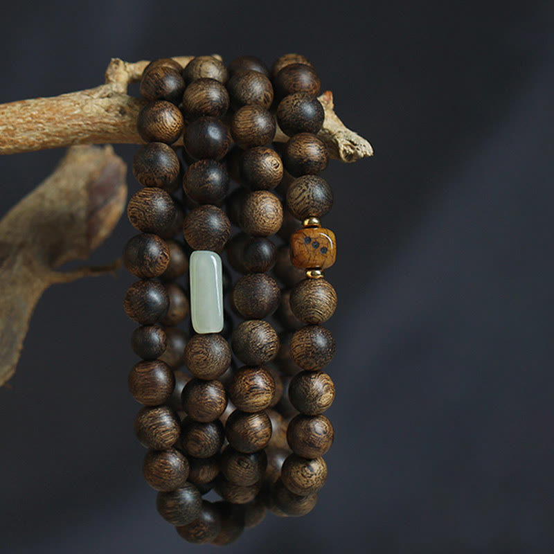 Piedras de Buda 108 cuentas Mala Brunei Agarwood Hetian Jade Yak hueso fuerza equilibrio pulsera 