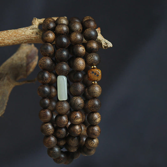 Piedras de Buda 108 cuentas Mala Brunei Agarwood Hetian Jade Yak hueso fuerza equilibrio pulsera 