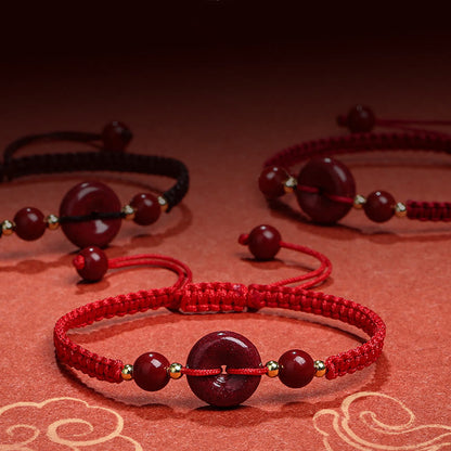 Buddha Stones Natürliches Zinnober-Armband mit Friedensschnalle und Segensschnur 