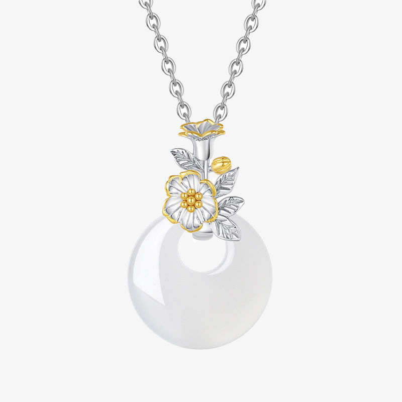 Collar con colgante de flor de armonía de doce meses de calcedonia redonda de plata de ley 925 con piedras de Buda 