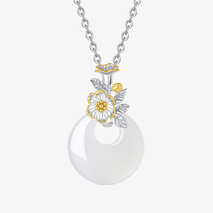 Collar con colgante de flor de armonía de doce meses de calcedonia redonda de plata de ley 925 con piedras de Buda 