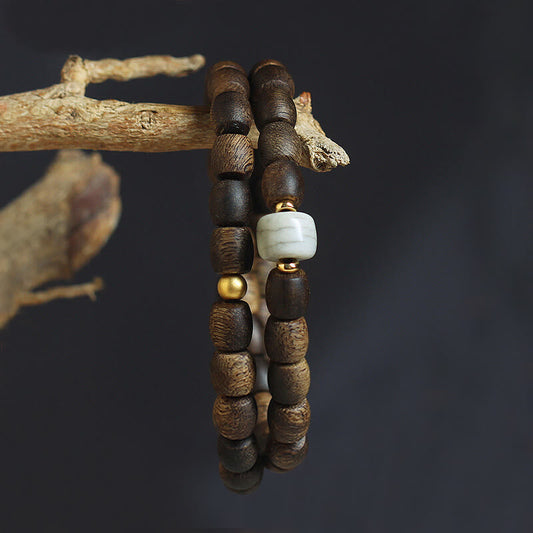 Buddha Stones 999 Gold Seltenes Tarakan-Adlerholz Tibetischer Alter Geistknochen Gleichgewicht Stärke Doppelwickelarmband