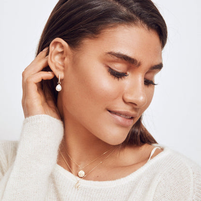 Solid White Gold Genuine Diamond Style Large Pearl Drop Hoop Earrings