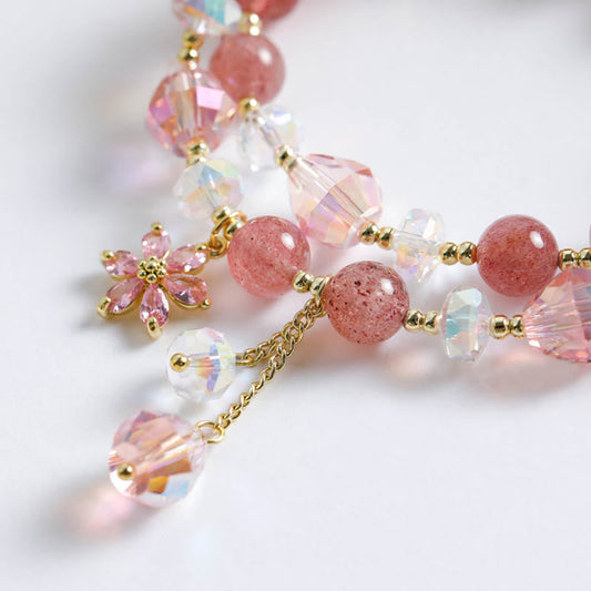 Pulsera curativa de doble vuelta con piedras de Buda, cuarzo fresa y flor de circón 
