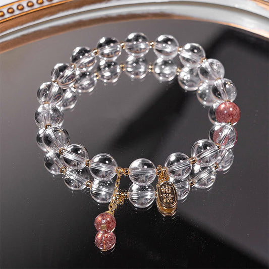 Pulsera de amuleto curativo de cuarzo fresa con cristales blancos de Buda para atraer la fortuna