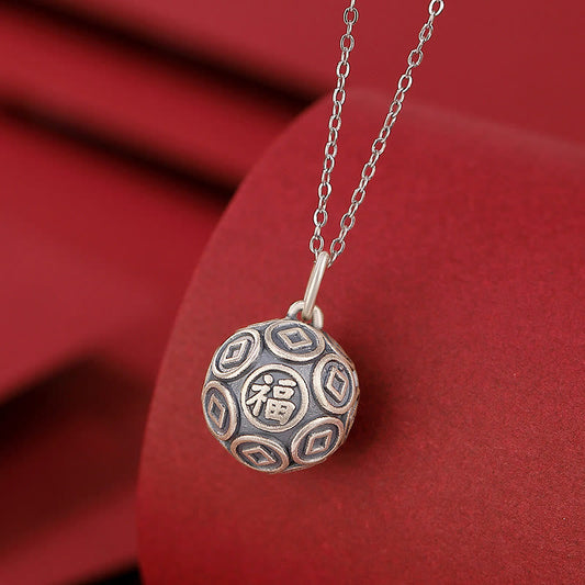 Collar con colgante de cadena de plata de ley 990 con piedras de Buda y símbolo Fu, moneda de cobre, para la suerte y la fortuna. 