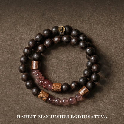 Pulsera de doble vuelta con piedras de Buda en plata de ley 925, con el zodíaco chino, Buda natal, madera de agar y cuarzo fresa.