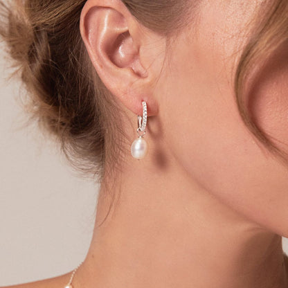 Solid White Gold Genuine Diamond Style Large Pearl Drop Hoop Earrings