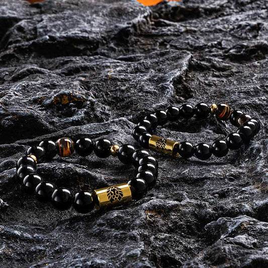 Buddha Stones Schutzarmband mit schwarzer Onyx-Tigerauge-Perle und Löwengravur