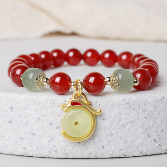 Pulsera de éxito con piedras de Buda, año del dragón, ágata roja, jade, hebilla de paz, personaje Fu