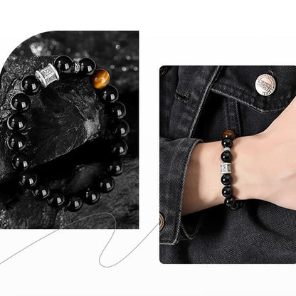 Pulsera de obsidiana negra con ojo de tigre y piedras de Buda en plata de ley 999 con el símbolo del Om Mani Padme Hum 