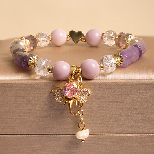 Pulsera con dije de elefante positivo de cuarzo fresa, amatista, aventurina verde y piedras de Buda
