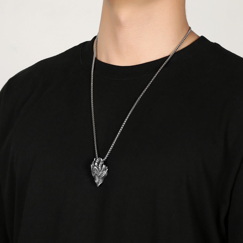 Collar con colgante de metal con cabeza de dragón de estaño puro y piedras de Buda para proteger la suerte 