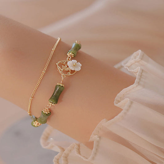 Pulsera de doble capa con piedras de Buda, cobre chapado en oro de 14 k, peridoto, flor de bambú y riqueza 