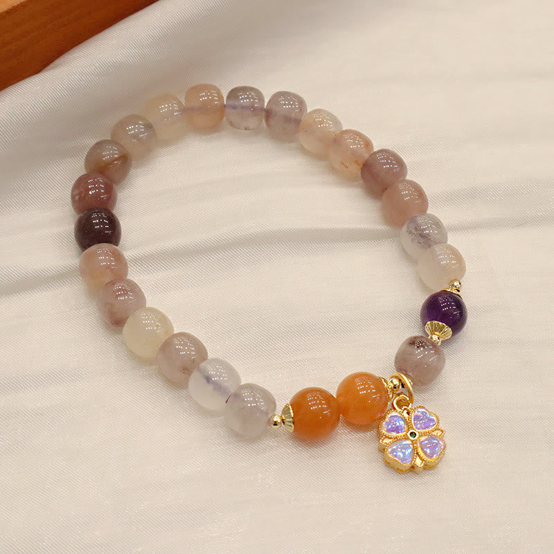 Pulsera de cuentas de Buda con cuentas de jade, seda dorada y morada natural, con flor violeta y dije de riqueza 
