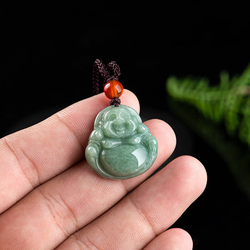 Collar con colgante de hilo de jade cian y piedras de Buda sonriente