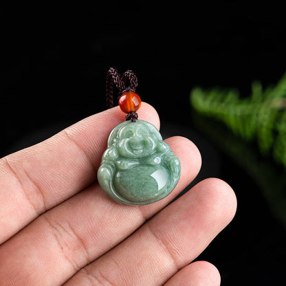 Collar con colgante de hilo de jade cian y piedras de Buda sonriente