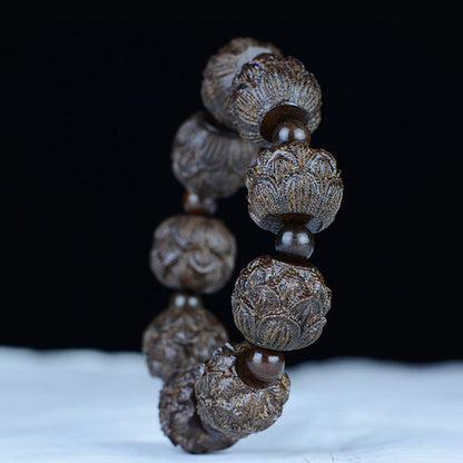 Pulsera de equilibrio con grabado de dragón de loto y dieciocho arhats de madera de ébano y piedras de Buda 