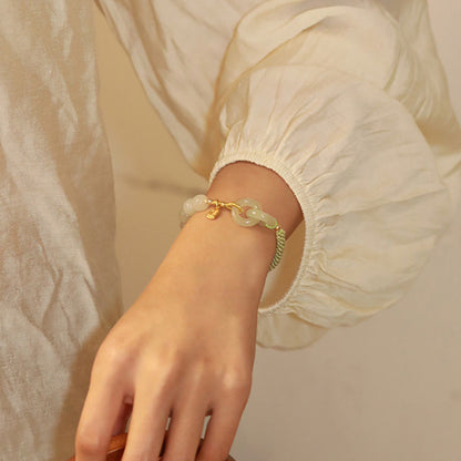 Pulsera trenzada con cuentas de jade hetiano natural de Buda y doble hebilla de paz con carácter Fu 