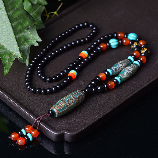 Collar con colgante de piedra de Buda tibetano con cuentas Dzi de nueve ojos y diseño de dragón, protección Om Mani Padme Hum