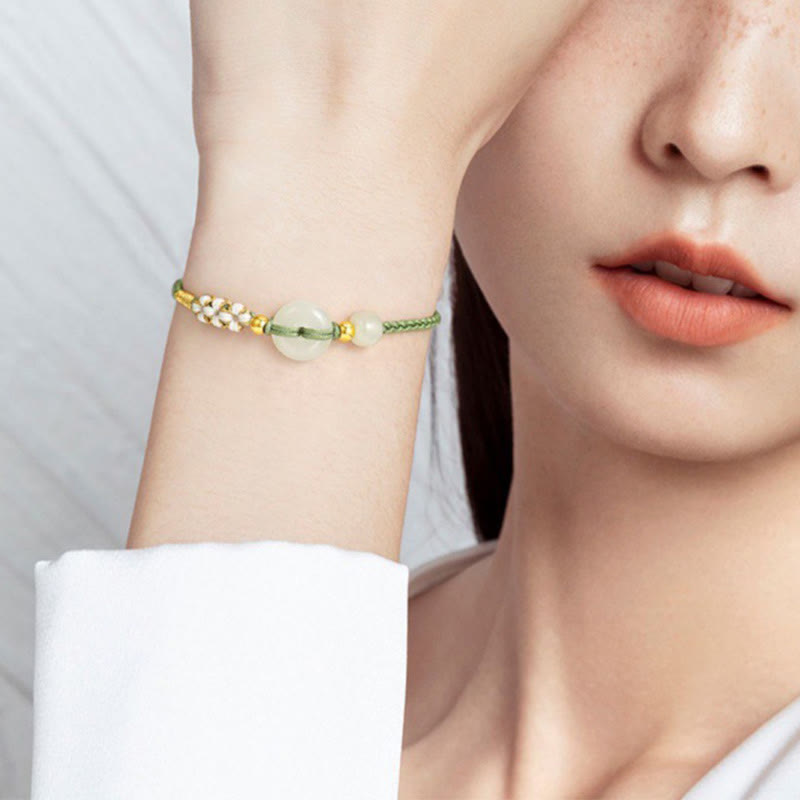 Pulsera trenzada con piedras de Buda, jade hetiano, hebilla de la paz, flor de durazno y suerte