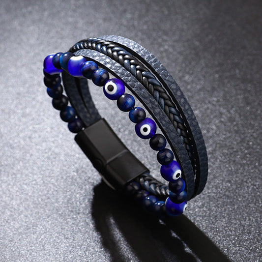 Pulsera trenzada multicapa con cuentas y protección de ojo de tigre y piedras de Buda