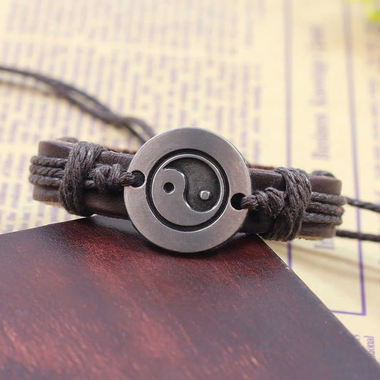 Pulsera de cuero retro con armonía Yin Yang y piedras de Buda