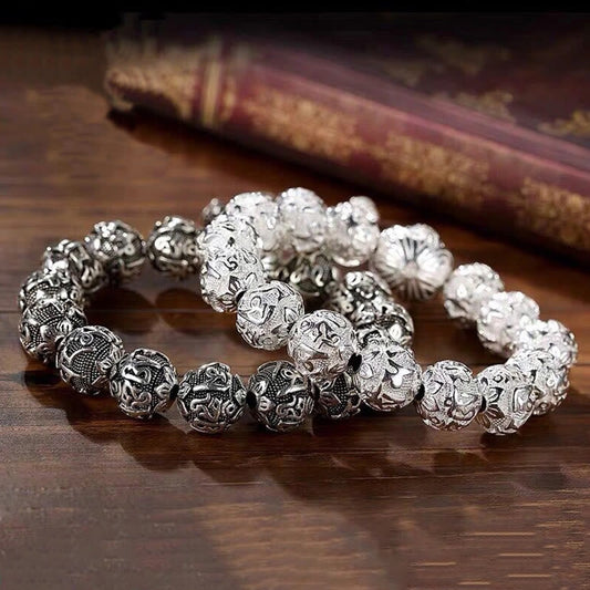 Pulsera amuleto tibetano Om Mani Padme Hum con cuentas de aleación talladas y piedras de Buda