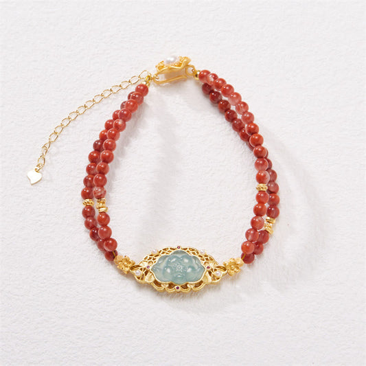 Pulsera de doble capa con piedras de Buda, chapada en oro, ágata roja natural, jade de loto y calma.