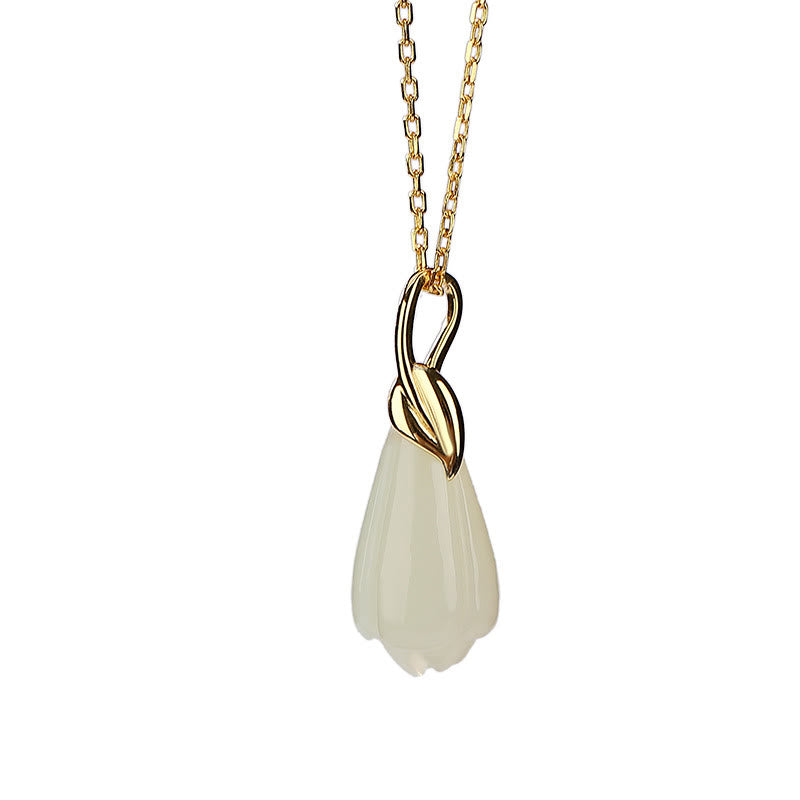 Collar con colgante de flor de magnolia y jade hetiano natural bañado en oro y plata de ley 925 con piedras de Buda 