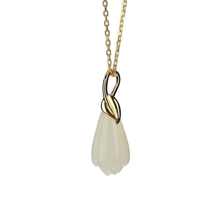 Collar con colgante de flor de magnolia y jade hetiano natural bañado en oro y plata de ley 925 con piedras de Buda 