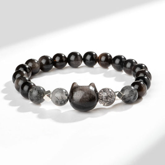 Pulsera protectora con cabeza de gato de obsidiana con brillo de plata natural y piedras de Buda
