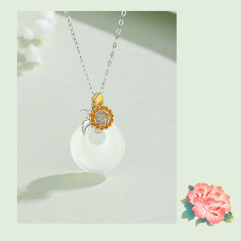Collar con colgante de flor de armonía de doce meses de calcedonia redonda de plata de ley 925 con piedras de Buda 