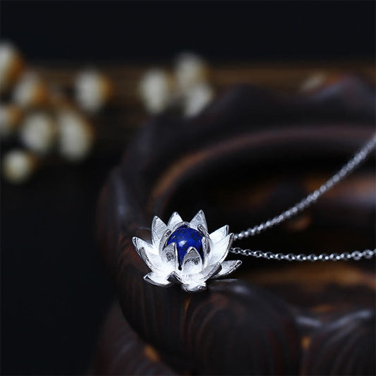 Collar con colgante de flor de loto y lazurita de plata de ley 925 con piedras de Buda para el autocuidado