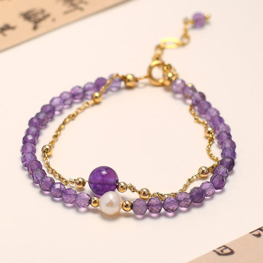 Pulsera de cadena de doble capa con cristales de amatista y baño de oro de 14 quilates de Buddha Stones
