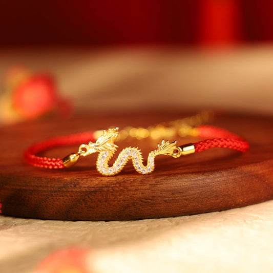Pulsera de cadena de cuerda roja con piedras de Buda en plata de ley 925, con el Año del Dragón, la suerte y el dragón dorado auspicioso.