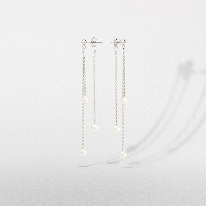 Solid White Gold Layered Pearl Drop Earrings