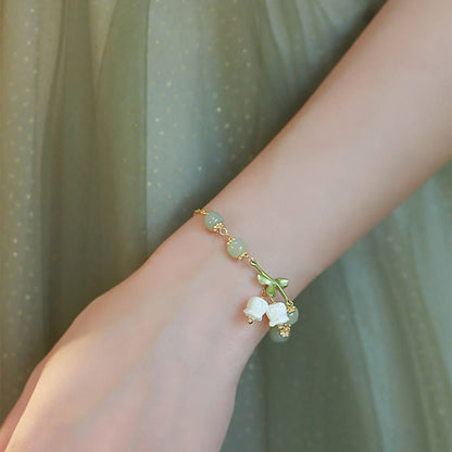 Buddha Stones Green Jade Bead Lily of the Valley Prosperity Chain Bracelet