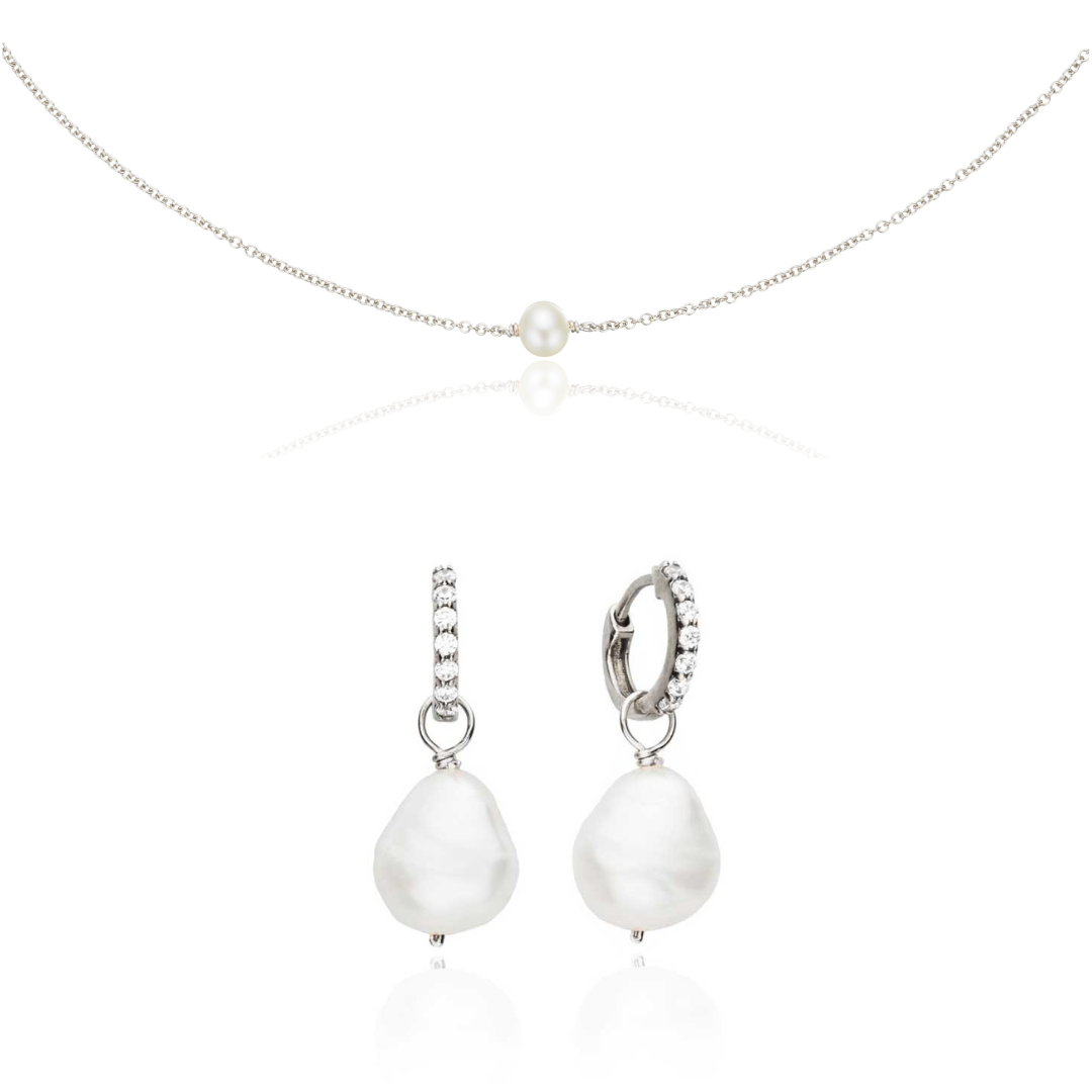 Conjunto de regalo de aros Huggies con perla plateada y gargantilla con perla individual