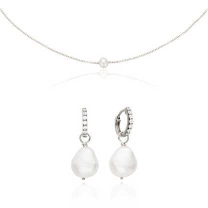 Conjunto de regalo de aros Huggies con perla plateada y gargantilla con perla individual