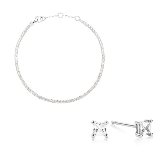 Silver Tennis Bracelet and Princess Diamond Style Stud Earrings