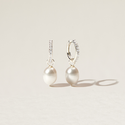 Solid White Gold Genuine Diamond Style Large Pearl Drop Hoop Earrings