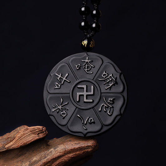 Collar con colgante de obsidiana negra natural tibetana con esvástica de Buda Om Mani Padme Hum y piedras de Buda 